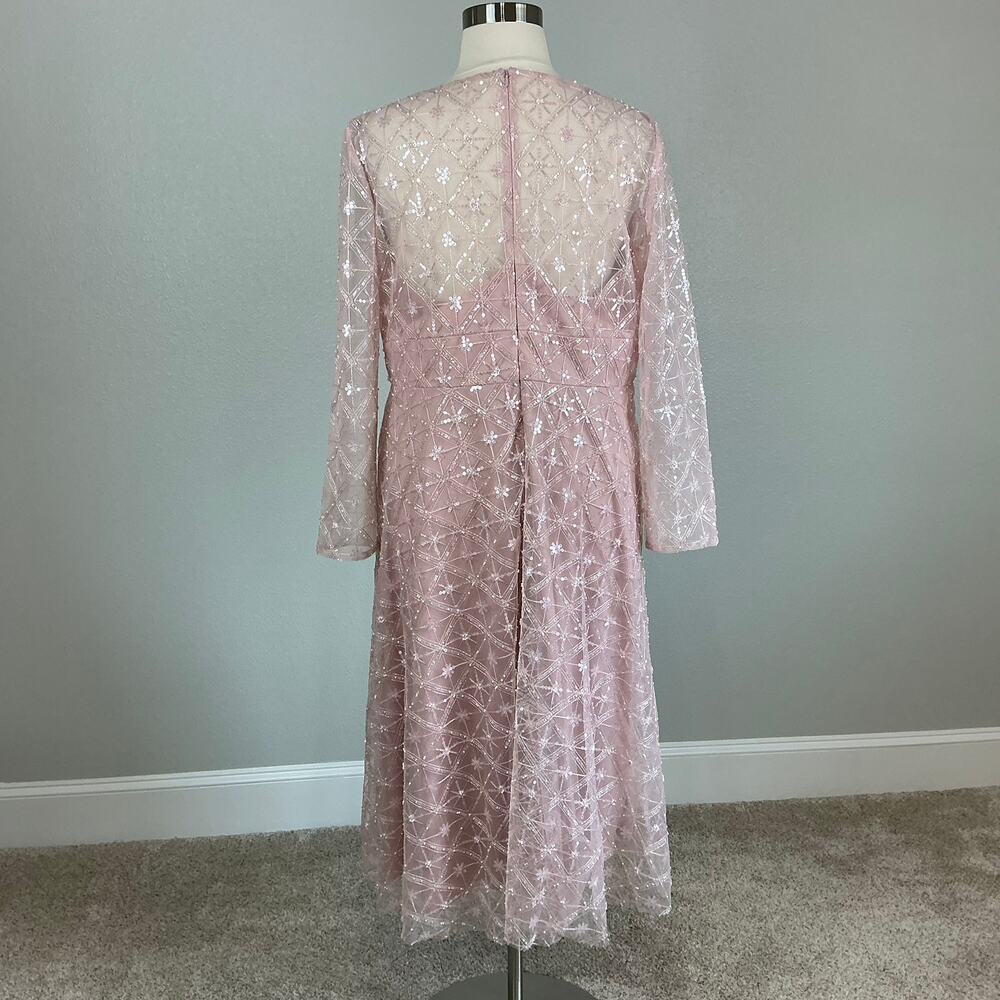 Mac Duggal 68003 Pink Cocktail Dress Sequined Long Sleeve A-Line Midi Size 18 - Picture 7 of 13